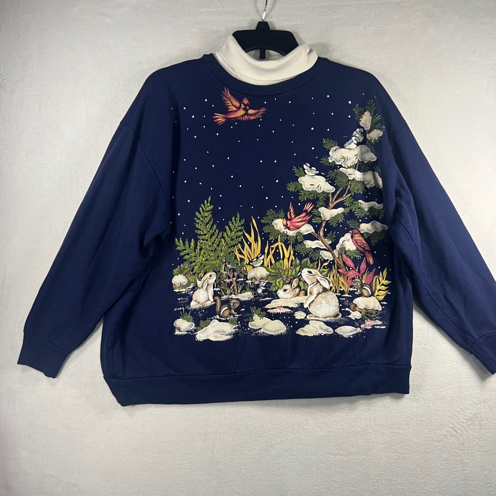 Vintage Nutcracker Navy Winter Scene Bunny Cardinal Turleneck‎ Sweatshirt XL